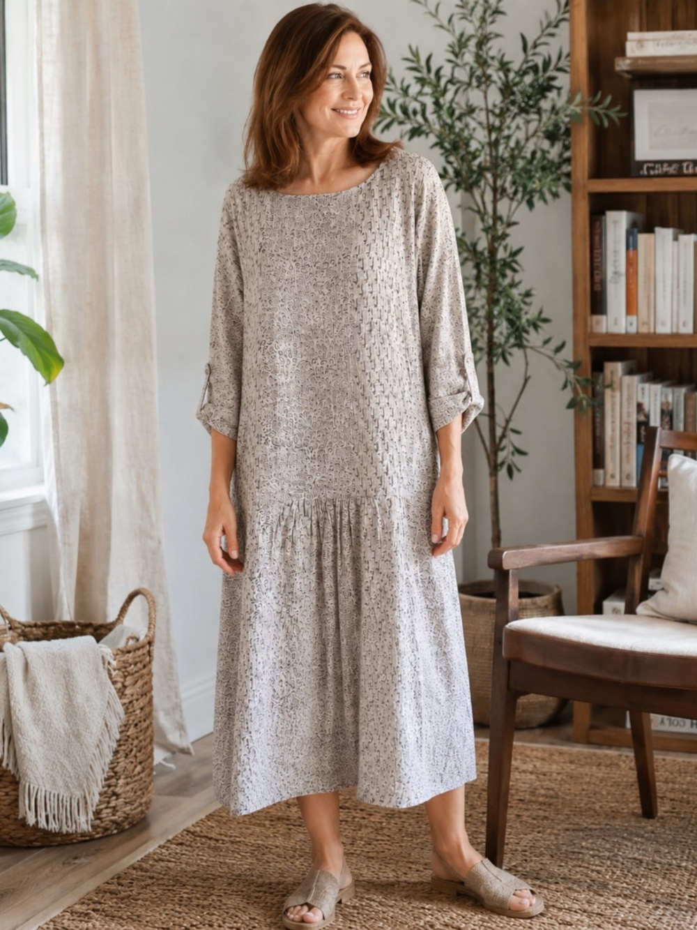 New! Block Print Drop Waist Cotton Dress